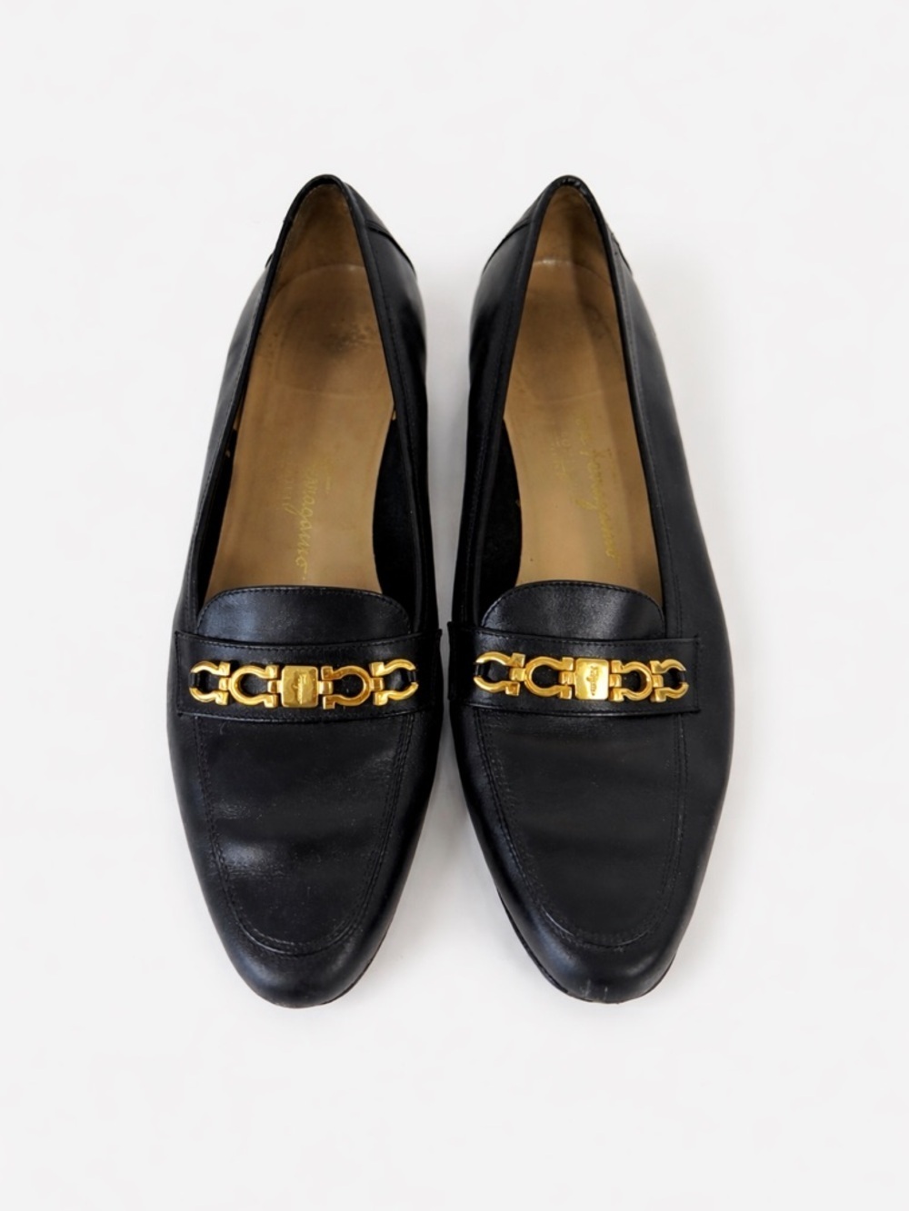 Salvatore Ferragamo Women’s Black Leather Loafers with Gold Hardware. Size: 9.5
